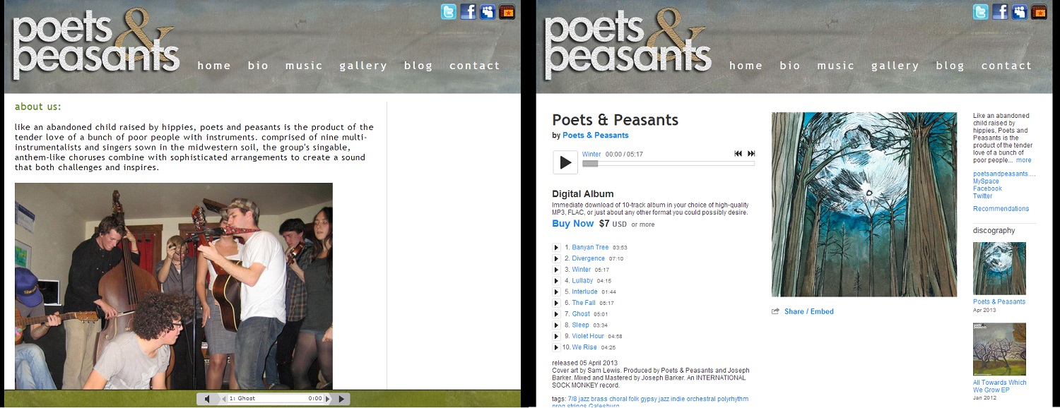 Poets and Peasants music page side by side with about page